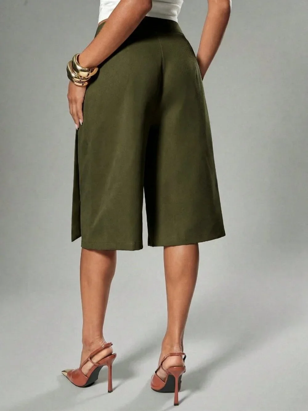 Army Green Casual Wrap Wide Leg Women's Bermuda Shorts with Tie Detail